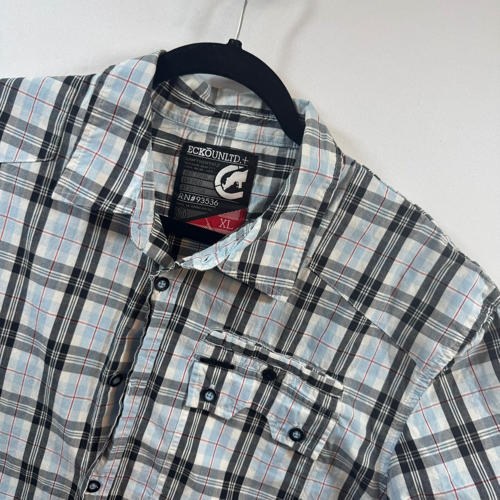 Ecko Unltd Mens XL Plaid Button‎ Down Shirt Short Sleeve Blue Black Cotton 93536